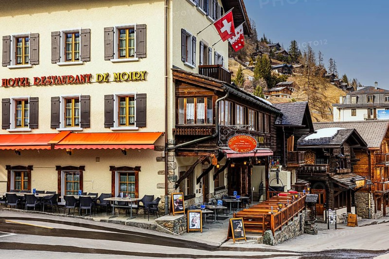 Hotel Restaurant De Moiry with outdoor seating, historic town centre, Grimentz, Val d'Anniviers, Valais Alps, Canton of Valais, Switzerland