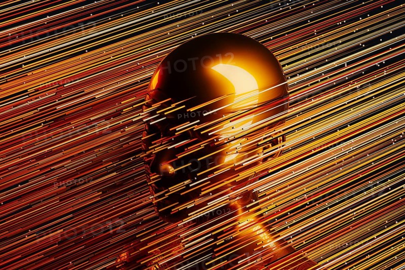 A sleek metal humanoid stands against a backdrop of vibrant, swirling lines representing artificial intelligence and technology concepts