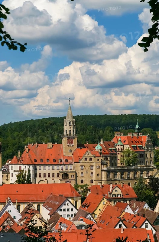 Hohenzollern Castle Sigmaringen, former princely residence and administrative centre of the Princes of Hohenzollern-Sigmaringen, city castle, architecture, historical building, south view, view, city view, roofs, houses, sky, clouds, Sigmaringen, Upper Swabia, Baden-Württemberg, Germany