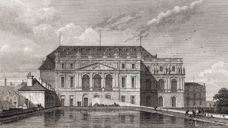 The opera of Versailles, near Paris, antique steel engraved print, 1831