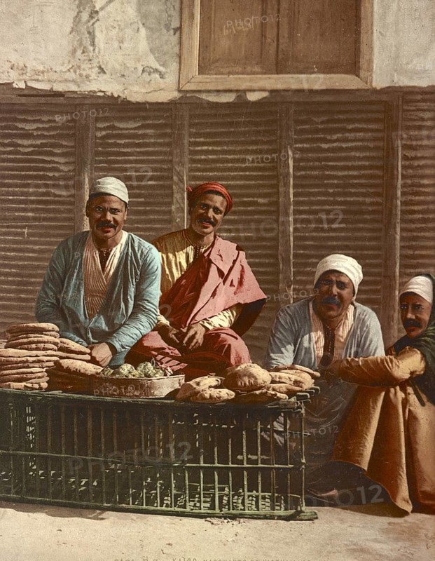 Cairo, food vendors, Egypt, digitally restored reproduction from a 19th century original, record date not stated, food vendors, Egypt, digitally restored reproduction from a 19th century original, record date not stated