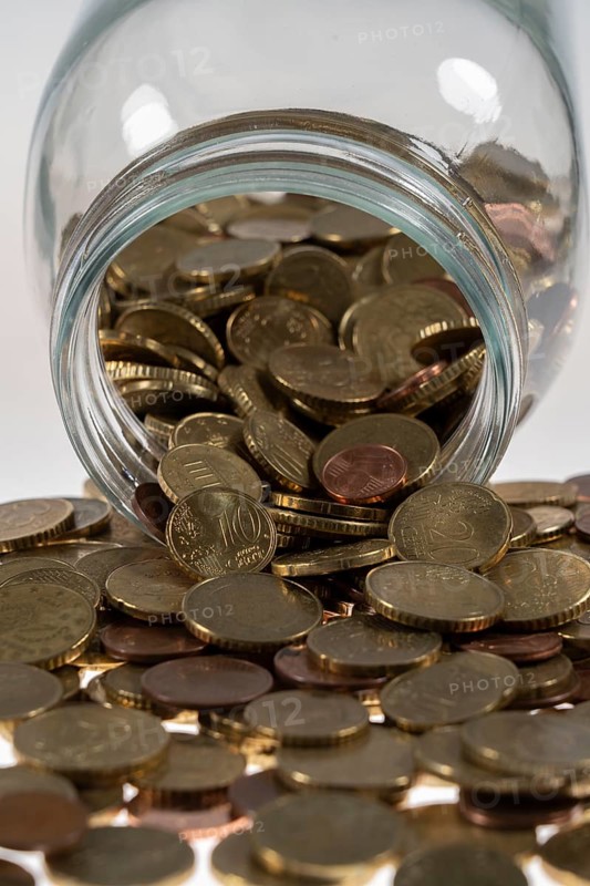 Coins, euro coins, cent coins, one cent, two cent, five cent, ten cent, twenty cent, fifty cent, money coins, collected in a storage jar