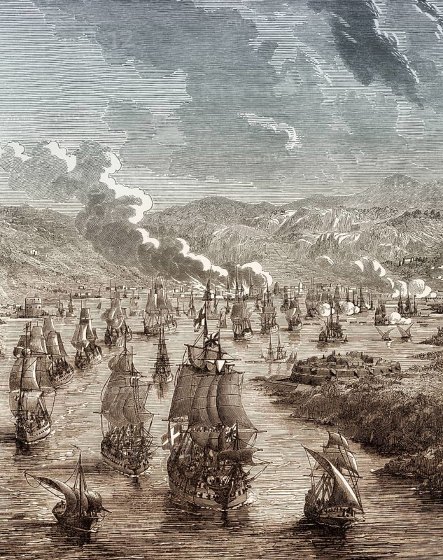 The Spanish fleet at Cagliari, Sardinia, Italy, conquest of Sardinia, 1717