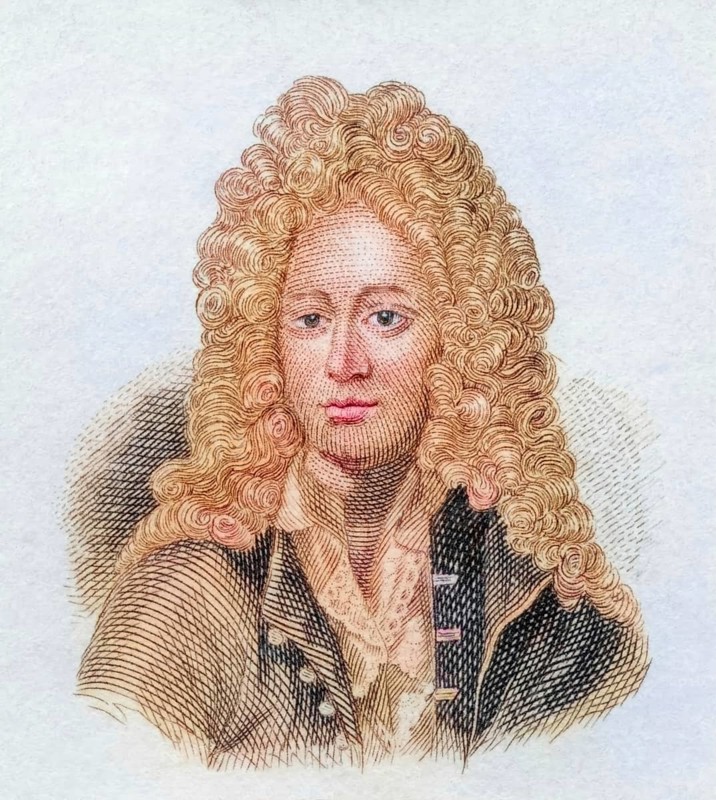 Aaron Hill, (b. February 1685, d. 8 February 1750) was an English dramatist and miscellany writer, coloured woodcut from Crabbe's Historical Dictionary from 1825, Historical, digital reproduction