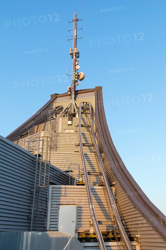 Top with transmission mast of the City-Hochhaus seen from the viewing platform, Leipzig, Saxony, Germany