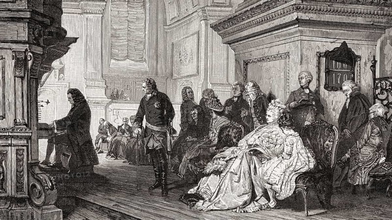 Johann Sebastian Bach plays the organ for King Frederick the Great of Prussia at Potsdam