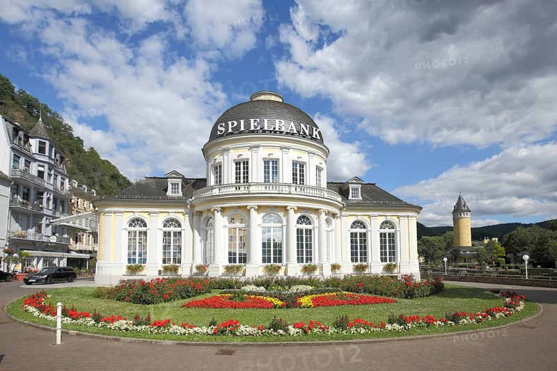 Baroque UNESCO casino built in 1720 and spring tower built in 1907, spa garden, Bad Ems, Rhineland-Palatinate, Germany