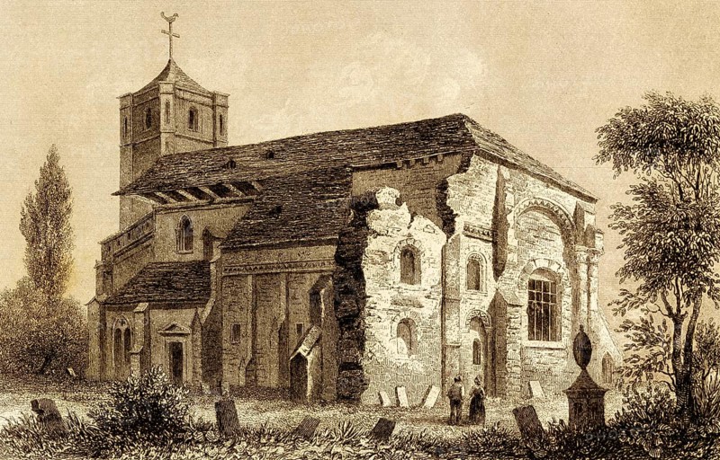 Waltham Abbey, Waltham Abbey Church, County Essex, Norman period, square tower, cemetery, tombstones, pedestrians, trees, historic landmark, England, Great Britain, steel engraving, historical illustration 1842
