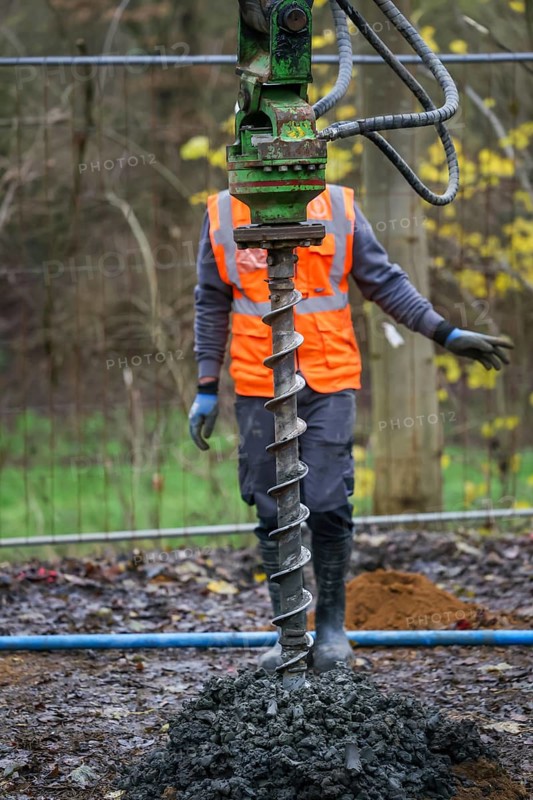 Castrop-Rauxel, North Rhine-Westphalia, Germany - Theme photo - Explosive soundings - Deep soundings are used to check dud suspicion points. 11-meter deep boreholes are secured with plastic pipes and borehole measurements of ferromagnetic suspicions are carried out with a probe