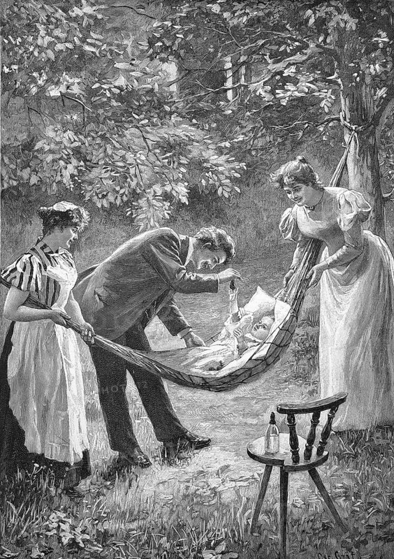 Parental joy, mother and maid holding the baby in a hammock, the father entertaining the child, Historic, digitally restored reproduction from a 19th century original, c. 1890, Record date not stated