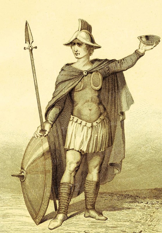Saxon leader, man, weapons, spear, shield, helmet, breastplate, cape, upper body, leg protection, shoes, bowl, hand, Anglo-Saxon period, England, Great Britain, steel engraving, historical illustration 1842