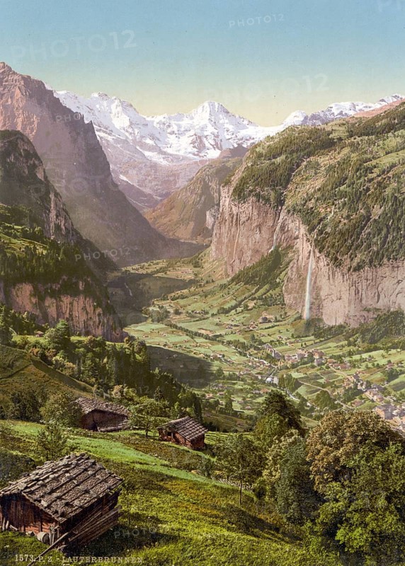 Lauterbrunnental und Briethorn, von Wengen, Berner Oberland, Schweiz, Historische, digital restaurierte Reproduktion nach einem Original aus dem 19. Jahrhundert, Aufnahmedatum nicht angegeben