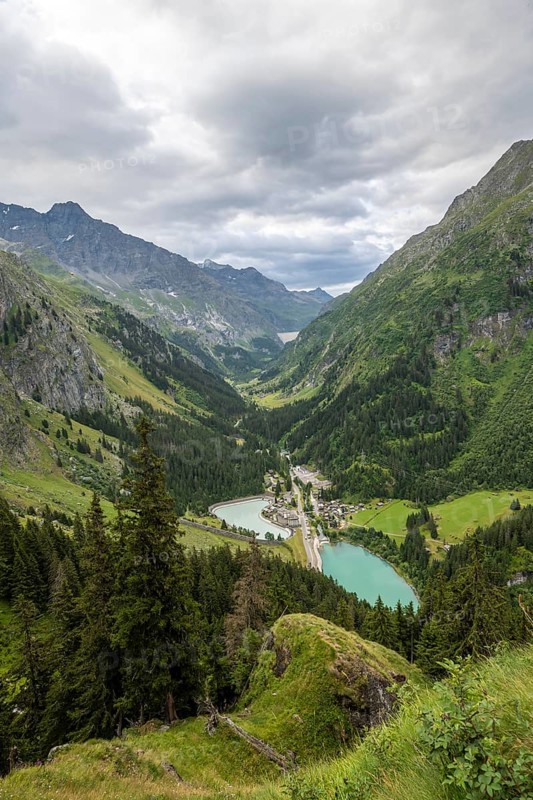 Val de Bagnes valley with the village of Fionnay and reservoirs, Valais, Western Alps, Switzerland