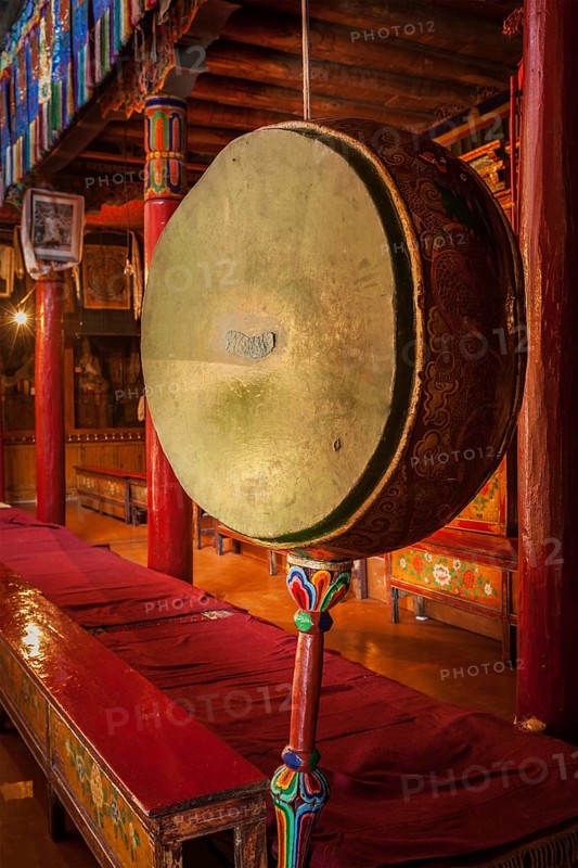 Gong (drum) in Likir gompa (Tibetan Buddhist monastery) . Ladadkh, India