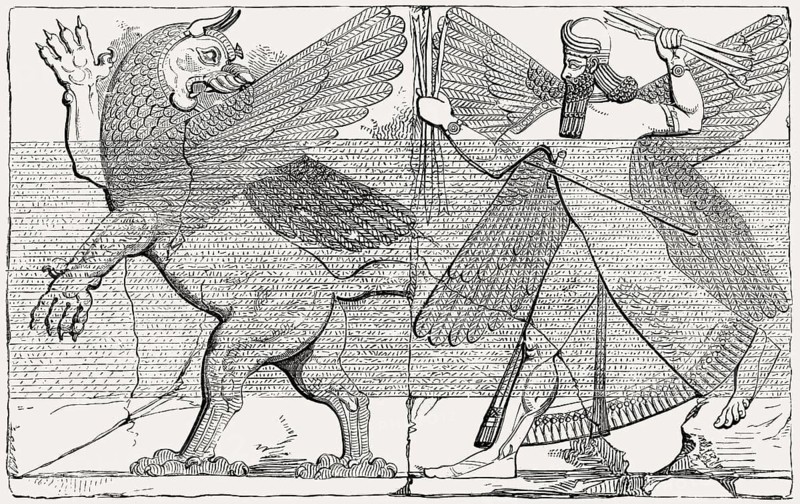 Marduk fights with the dragon to save humanity from evil, relief from Nimrud, Iraq