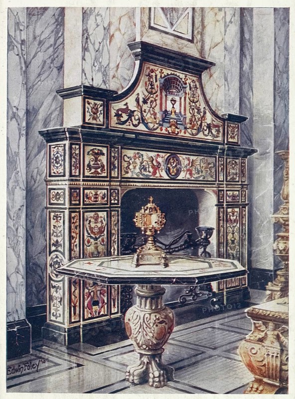 Furniture from around the turn of the century 1900, mantelpiece in coloured mosaic. Florentine. Victoria and Albert Museum, South Kensington. Table in coloured mosaic (1910, 1911), Chimneypiece in coloured mosaic. Table in coloured mosaic (1910, 1911) .jpg