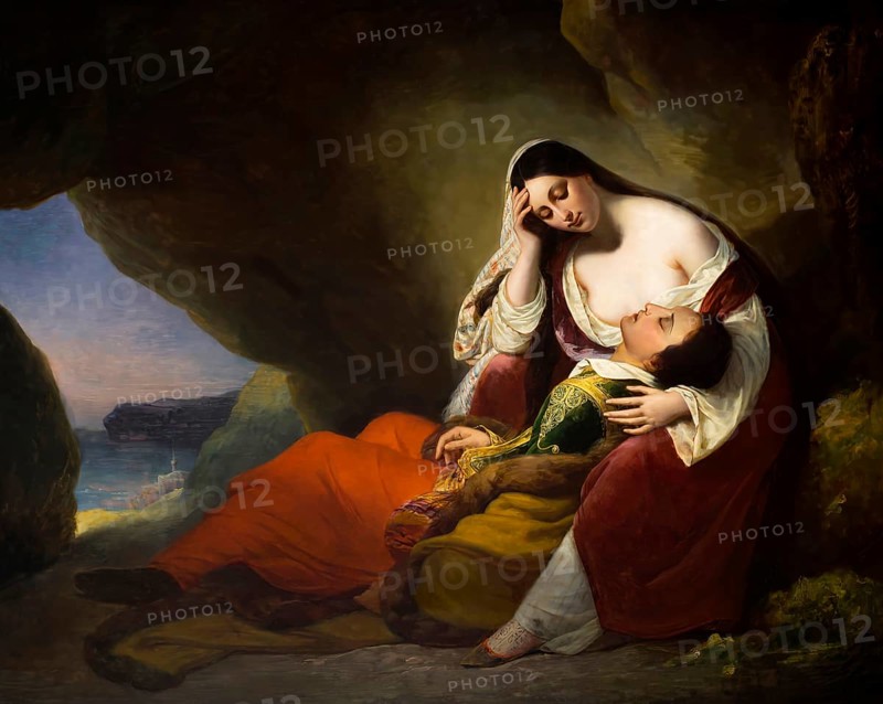 Don Juan asleep on Haidée's lap, painting by Henry Scheffer after Byron's poem Don Juan, 1827, digital edited