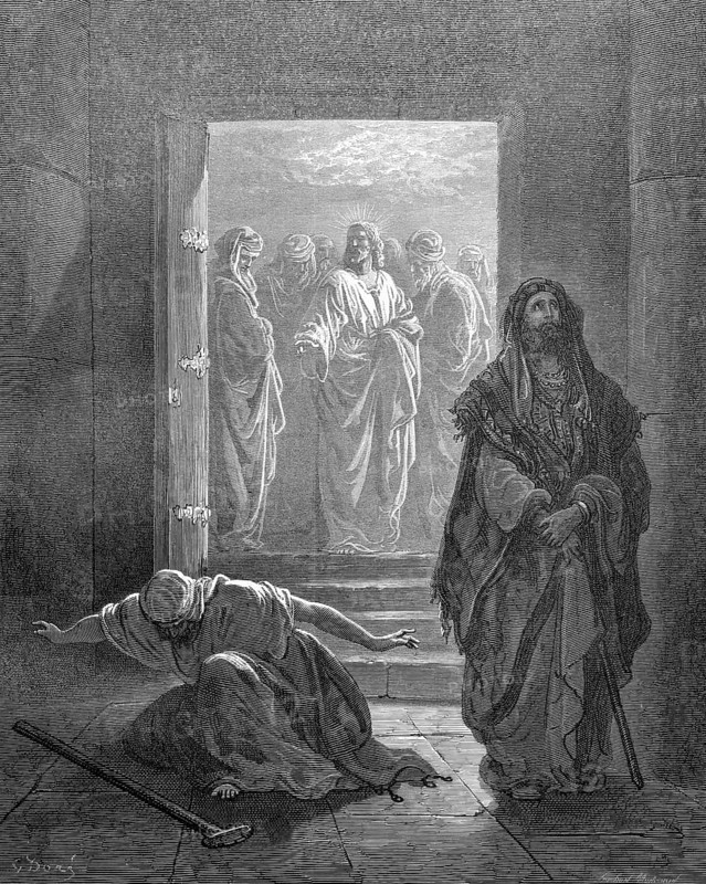 The tax collector and the Pharisee, Luke chapter 18, verse 13, customs collector, collect customs, interest, tenth, heaven, look up, duty, room, Jesus, door, open, God, mercy, pray, kneel, ground, sinner, sin, Christian religion, Bible, New Testament, steel engraving Doré, historical illustration 1885