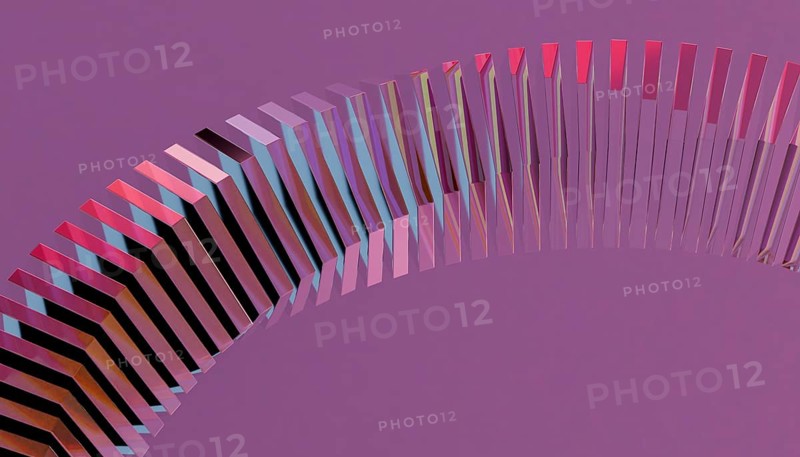 A dynamic 3D render displaying metal and crystal elements, arranged in a curved pattern over a purple backdrop The composition highlights light reflections and geometric balance