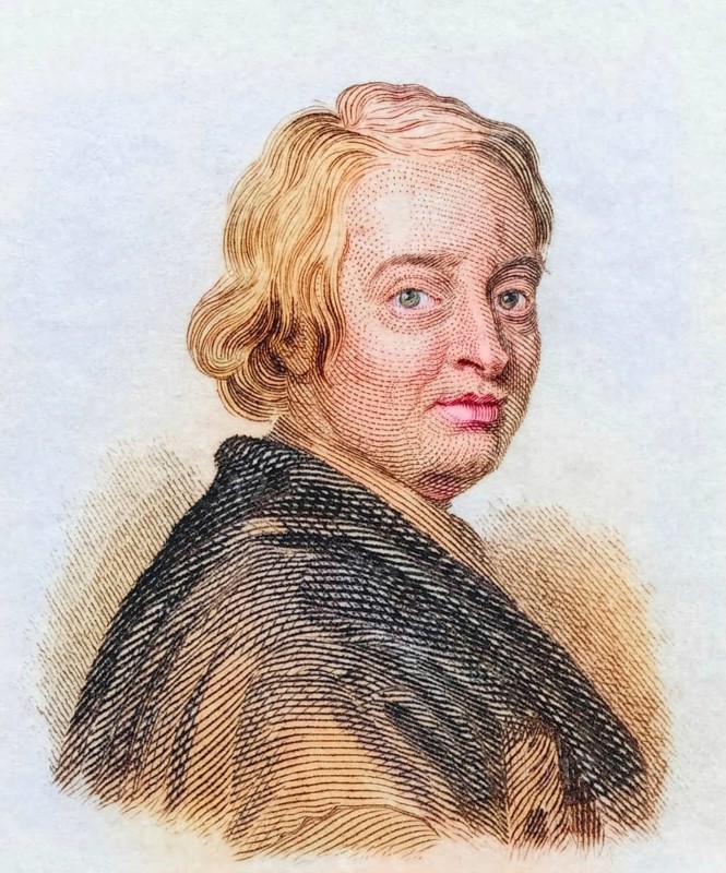 John Dryden, (b.19 August 1631 in Aldwincle, d. 1 Mayjul. / 12 May 1700greg. in London) was an influential English poet, literary critic and playwright, coloured woodcut from Crabbe's Historical Dictionary from 1825, Historical, digital reproduction