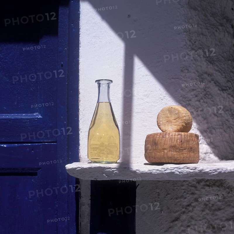 Still life, cheese and wine of the Cyclades, Naxos, Greece