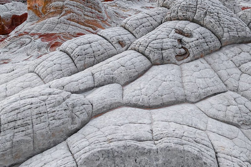 A captivating geological formation showcases abstract white rocks with striking red layers, displaying a beautiful, natural texture and deep fissures