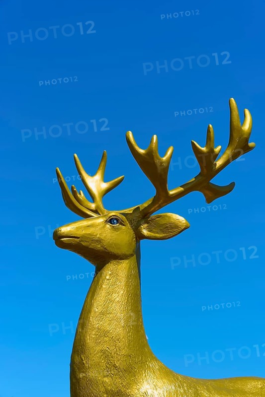 Shiny golden deer sculpture in front of a clear blue sky in bright sunlight, Bethlehem, Tauranga, Bay of Plenty, North Island, New Zealand