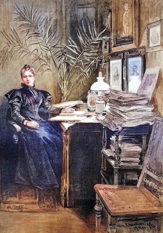 Emilie Wilhelmine Bertha Behrens, 1848, 1912, known under the pseudonym Wilhelmine Heimburg, a German writer, in her study, coloured wood engraving, reproduction from a model from ca 1888, Historical, A woman sits at a desk surrounded by books in an elegant interior. The scene appears pensive and quiet