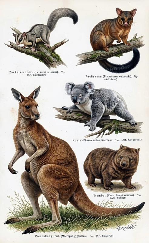 Display Panel Marsupials, Red kangaroo (Osphranter rufus), Fox kangaroo (Trichosurus vulpecula), Sugar glider (Petaurus sciureus), also sugar gliders, Koala (Phascolarctos cinereus), also marsupial, Wombats (Vombatidae), Plumb prey, Animal world, Animal kingdom, Wildlife, Fauna, Australia, Gliding prey, Historical illustration, digitally manipulated