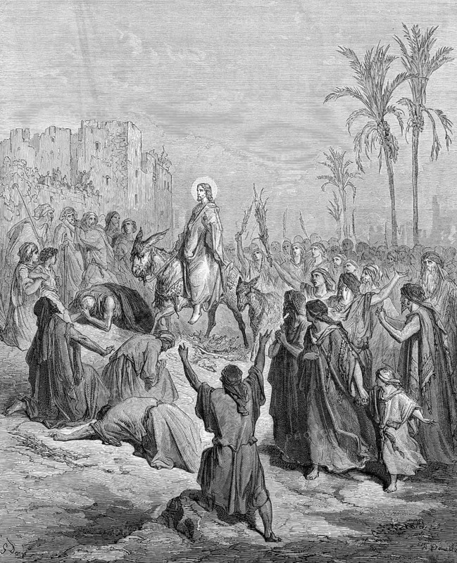 Entry of Jesus into Jerusalem, blessed be God on high, Matthew chapter 21 verse 9, crowd, son of David, riding, donkey, cheering, joy, praise, city, palm trees, street, God, cheerfulness, greet, woman, children, men, Christian religion, Bible, New Testament, steel engraving Doré, historical illustration 1885