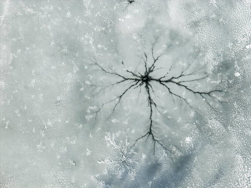 Steam holes, steam hole, lake, frozen, ice, hoarfrost, cold, winter, sunny, aerial view, foothills of the Alps, Bavaria, Germany