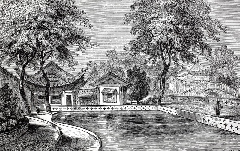 Historical illustration of a governor-general's garden, probably in the region around Guangzhou, Canton, around 1875, China, from the Sosnowski Voyage through China, The Sosnowski Expedition (1874-1875) was an important Russian research and trade mission to China. Its aim was to open up new land routes for trade, and to examine the economic prospects, Illustration, Reproduction from a 19th century original. Authentic, file restored for optimal use, exact date of original unknown, Historical