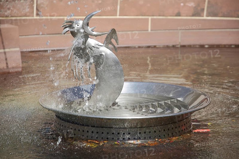 Black Forest fountain by Hannes Lohrer with rooster figure, bird figure, beak opened, rooster screaming, roaring, modern art, metal sculpture, tin, water features, water jets, drops of water, marketplace, Freudenstadt, Northern Black Forest, Black Forest, Baden-Württemberg, Germany