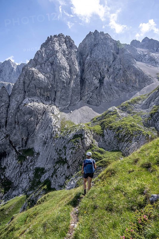 Hiker in the Wetterstein Mountains, Garmisch-Patenkirchen, Bavaria, Germany