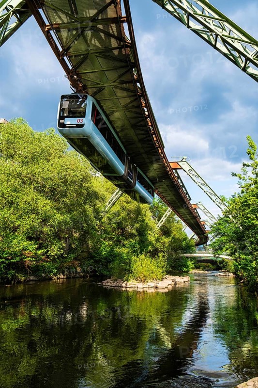 A suspension railway over the riverbed of the Wupper in Elberfeld, Wuppertal, Germany