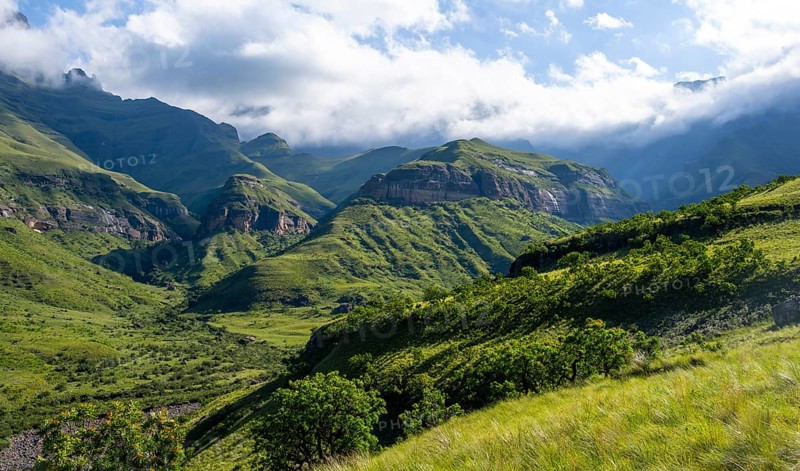Mountains with fog at the amphitheatre, Drakensberg National Park, KwaZulu Natal, South Africa