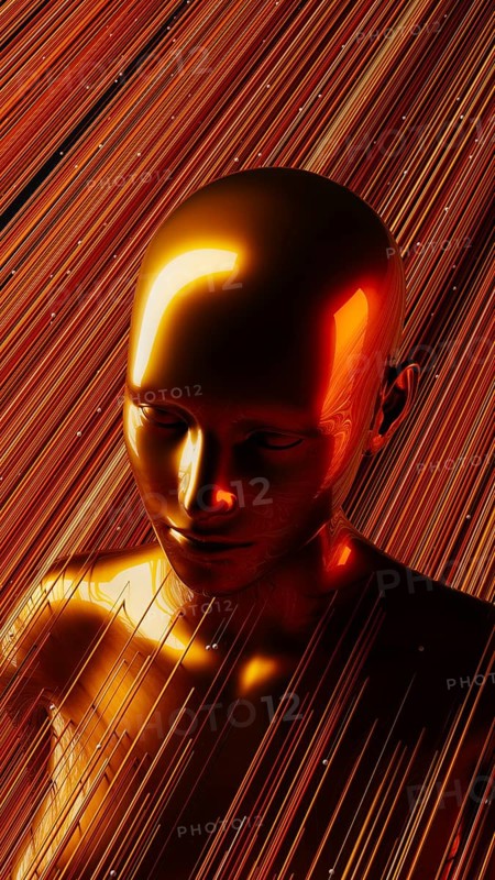 A sleek metal humanoid stands against a backdrop of vibrant, swirling lines representing artificial intelligence and technology concepts