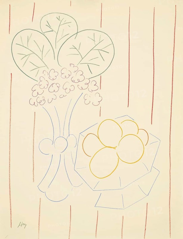 Henri Matisse, Henri Emile Benoit Matisse (born 31 December 1869, died 3 November 1954 in Cimiez), French painter, graphic artist, draughtsman, classical modernist. Here his work:, Fleurs et fruits, fond rayé (1942-44), Blumen und Früchte, stripeter Hintergrund, Flowers and fruit, striped background, Painting, Reproduction of the painting, Work of art, Historical, Vase with flowers and bowl with eggs in minimalist line