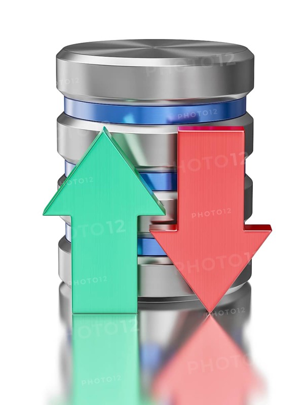 Database upload download concept, hard disk drive data storage database icon symbol with arrows isolated on white background