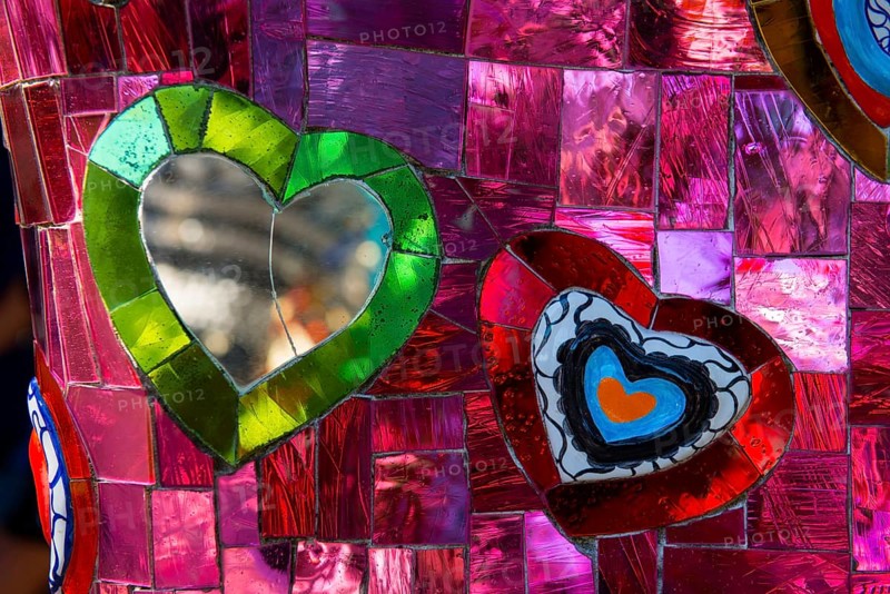 Colourful hearts made of glass and mirrors, Giardino dei Tarot, by Niki de Saint Phalle, near Capalbio, Grosseto Province, Tuscany, Italy