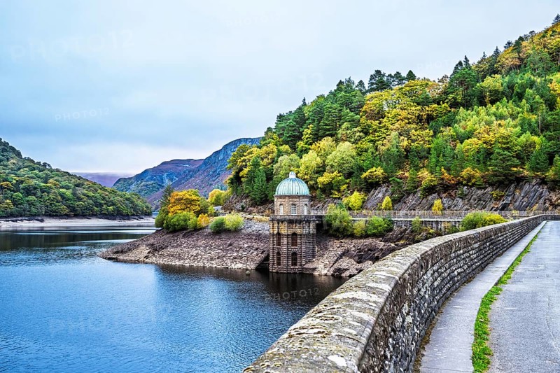 Autumn colors over Garreg Ddu Dam, Elan Valley, Caban-Coch Reservoir, Rhayader, Wales, UK