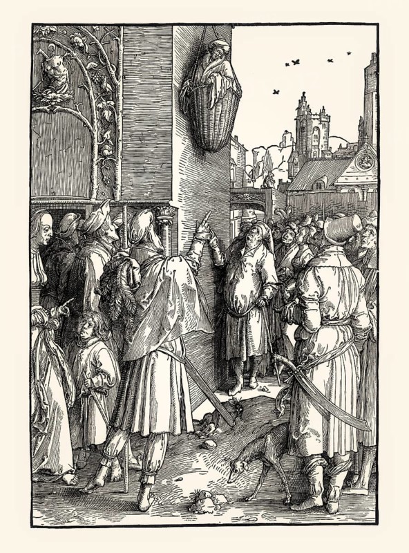 The Power of Women, Poet Virgil suspended in a basket, 1512, by Lucas van Leyden, facsimile of the 19th century