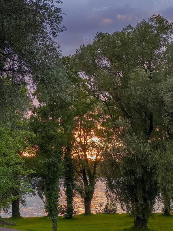 Sunset over Lake Chiemsee, view from the island of Frauenchiemsee, Bavaria, Germany