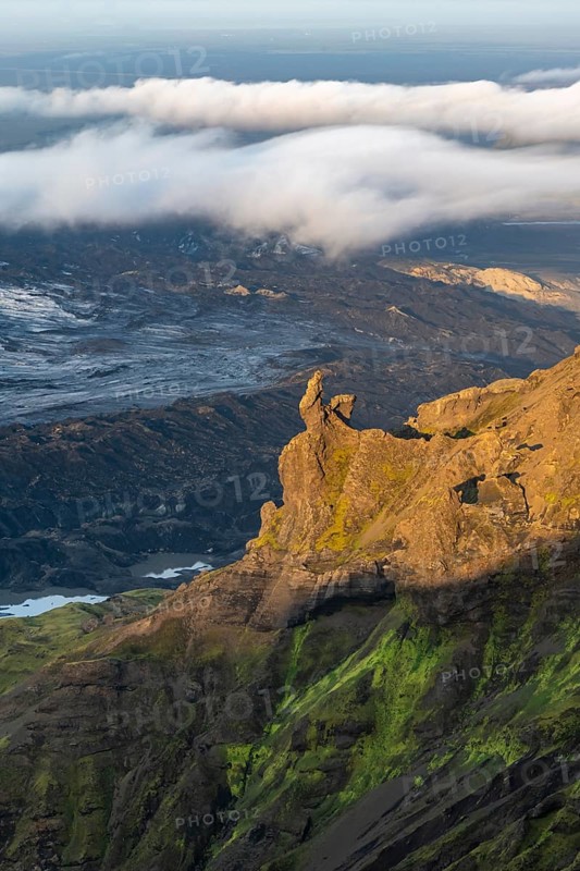 Cliff in the evening light, Impressive landscape with mountains and glaciers, Huldujökull and Kötlujökull glacier tongues, Myrdalsjökull glacier, Pakgil, Iceland