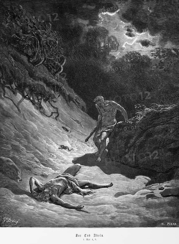 Bible, death of Abel, Genesis 4, 8, Moses, Old Testament, Cain slays Abel, brother, envy, murder, thunderstorm, lightning, dark clouds, mountain landscape, historical illustration 1885