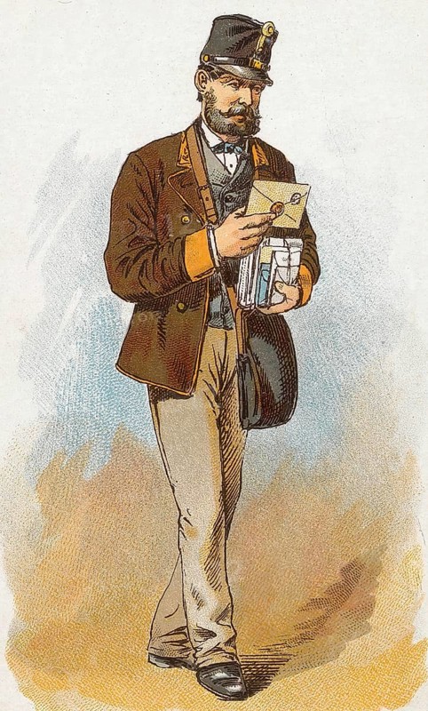 Viennese types by Ladislav Eugen Petrovits (1839, 1907), painter from Austria. Postman, postman in historical uniform reads letters
