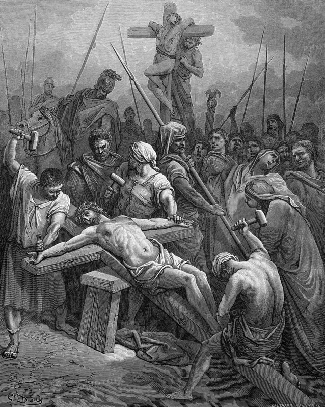 The crucifixion, Jesus is nailed to the cross, John chapter 19, verse 18, Roman soldiers, horsemen, Jesus of Nazareth, cross, nail, hammer, nail, hand, feet, loincloth, crowd, death, grief, torture, Christian religion, Bible, New Testament, steel engraving Doré, historical illustration 1885