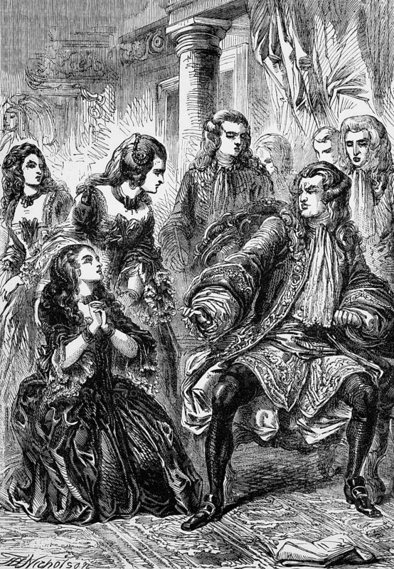 The Countess pleads with King George I for the life of her man James Radclyffe, 3rd Earl of Derwentwater, an English Jacobite who was executed for high treason the following year, England, digital reproduction of a historical model