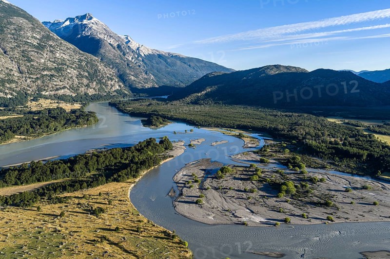 Confluence of river Rio Baker and Rio Nadis south of Cochrane, aerial view, Patagonia, Chile