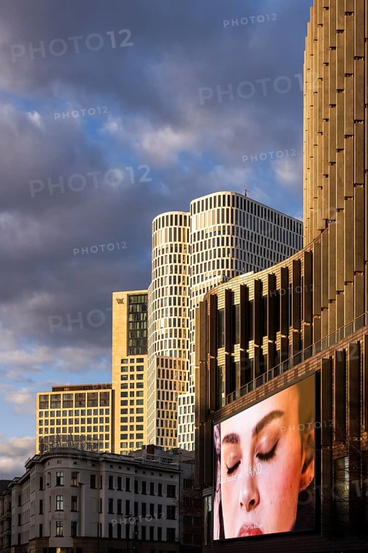 Down left is the corner house Joachimsthaler Straße Kurfürstendamm, above it the Hotel Waldorf Astoria, in the middle the Motel One Berlin Upper West, on the right the Ku'damm Eck, Charlottenburg, Berlin, Germany